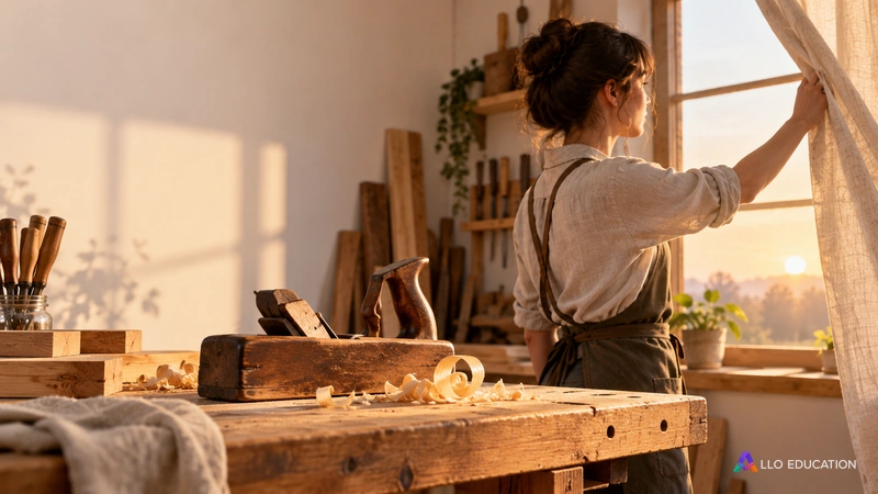 La lumière entre dans un atelier auprès d’un rabot et d’un copeau, évoquant le passage de l’inactivité au geste.