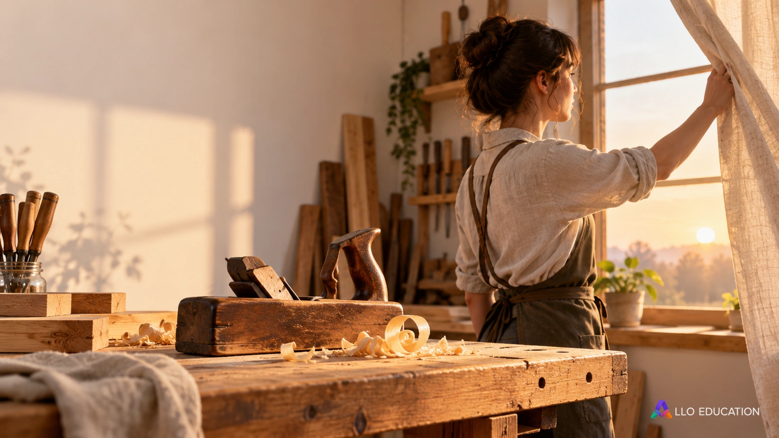 La lumière entre dans un atelier auprès d’un rabot et d’un copeau, évoquant le passage de l’inactivité au geste.