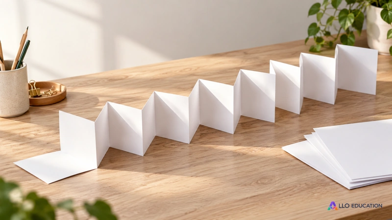Un ruban de papier vierge replié conserve son déroulement, évoquant une réduction qui garde le mouvement du texte.