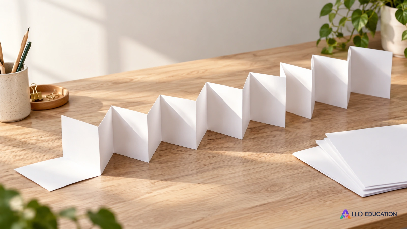 Un ruban de papier vierge replié conserve son déroulement, évoquant une réduction qui garde le mouvement du texte.