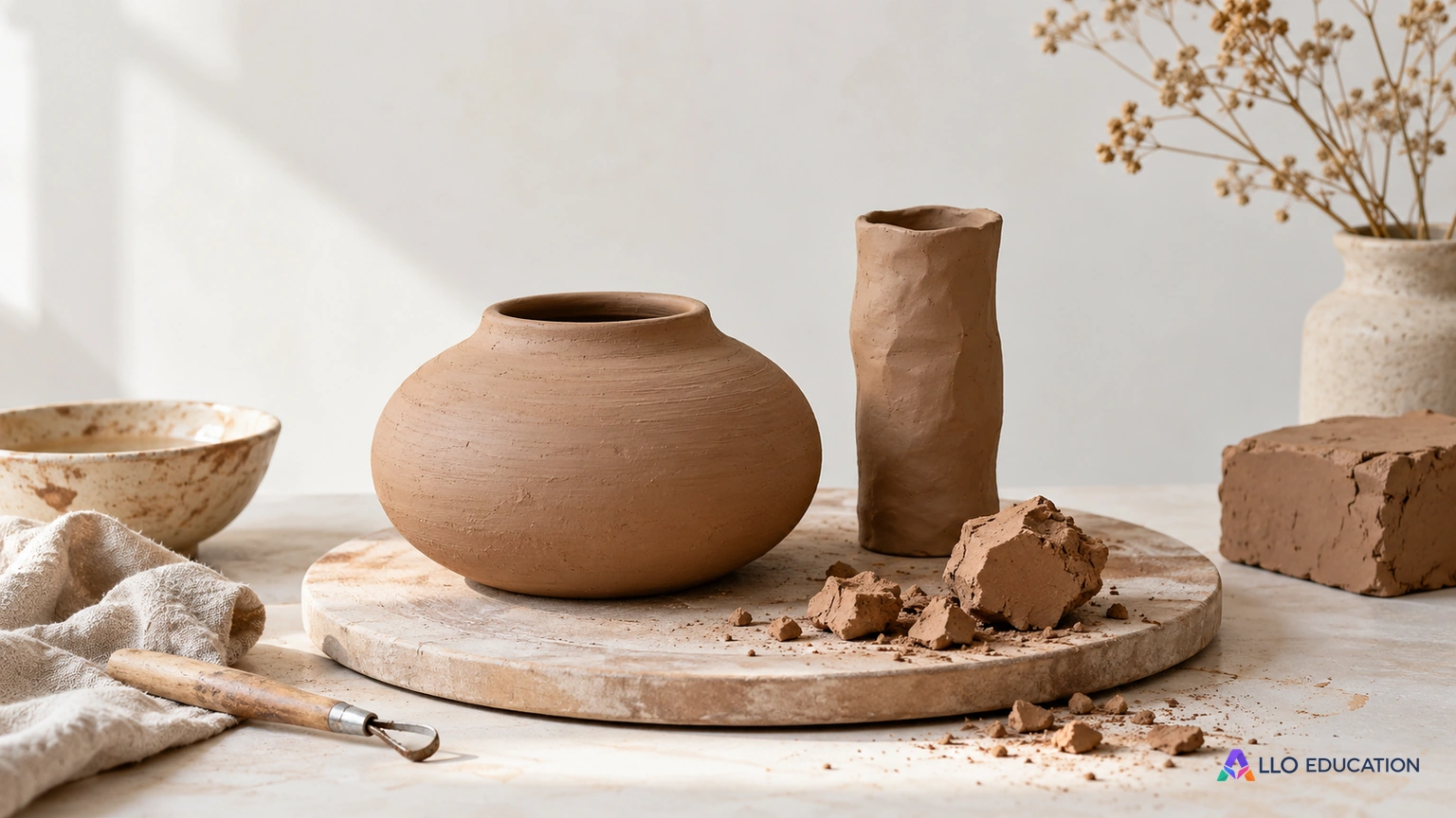 Un vase bas et une forme d’essai en argile sur un plateau.