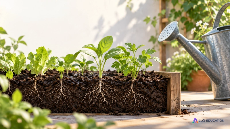 Un bac de jeunes plantes et un arrosoir au repos évoquent une décision d’arrosage à comprendre.