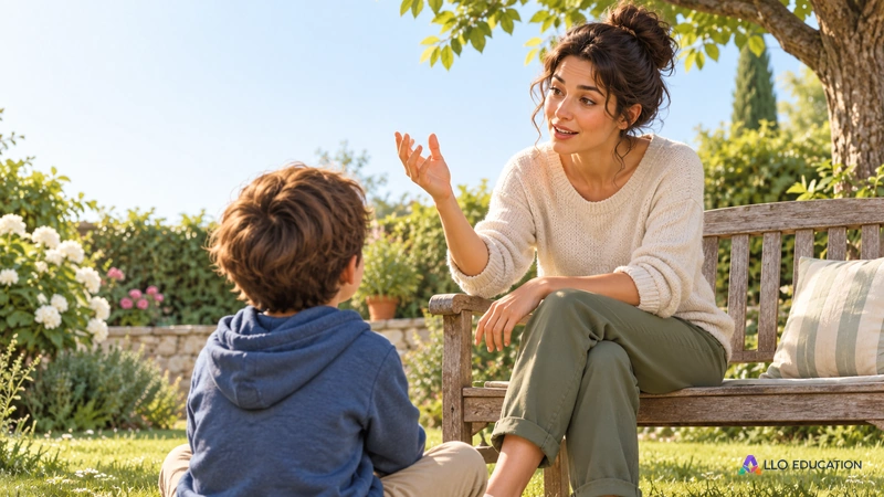 Un enfant écoute un adulte qui accompagne son récit d’un geste dans un jardin tranquille.
