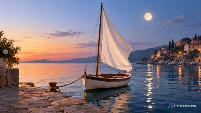 Une voile blanche au quai du soir évoque l’image poétique du modèle de quatre vers.