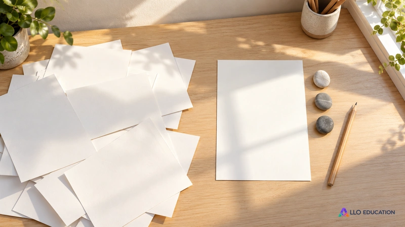 Des feuilles vierges dispersées et une feuille ordonnée avec un crayon évoquent le passage du brouillon à une version organisée.