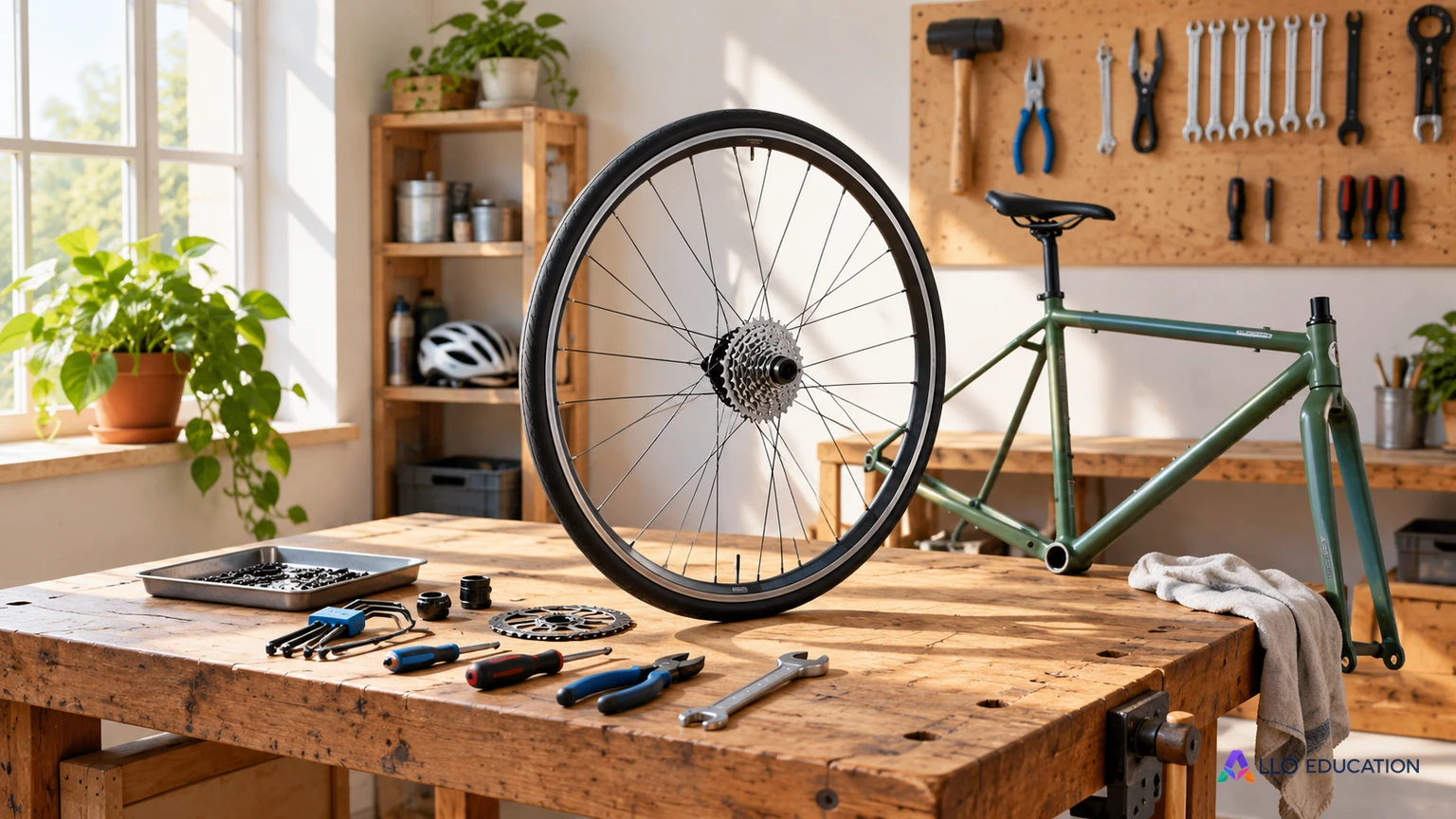 Une roue et un vélo dans un atelier de réparation lumineux.
