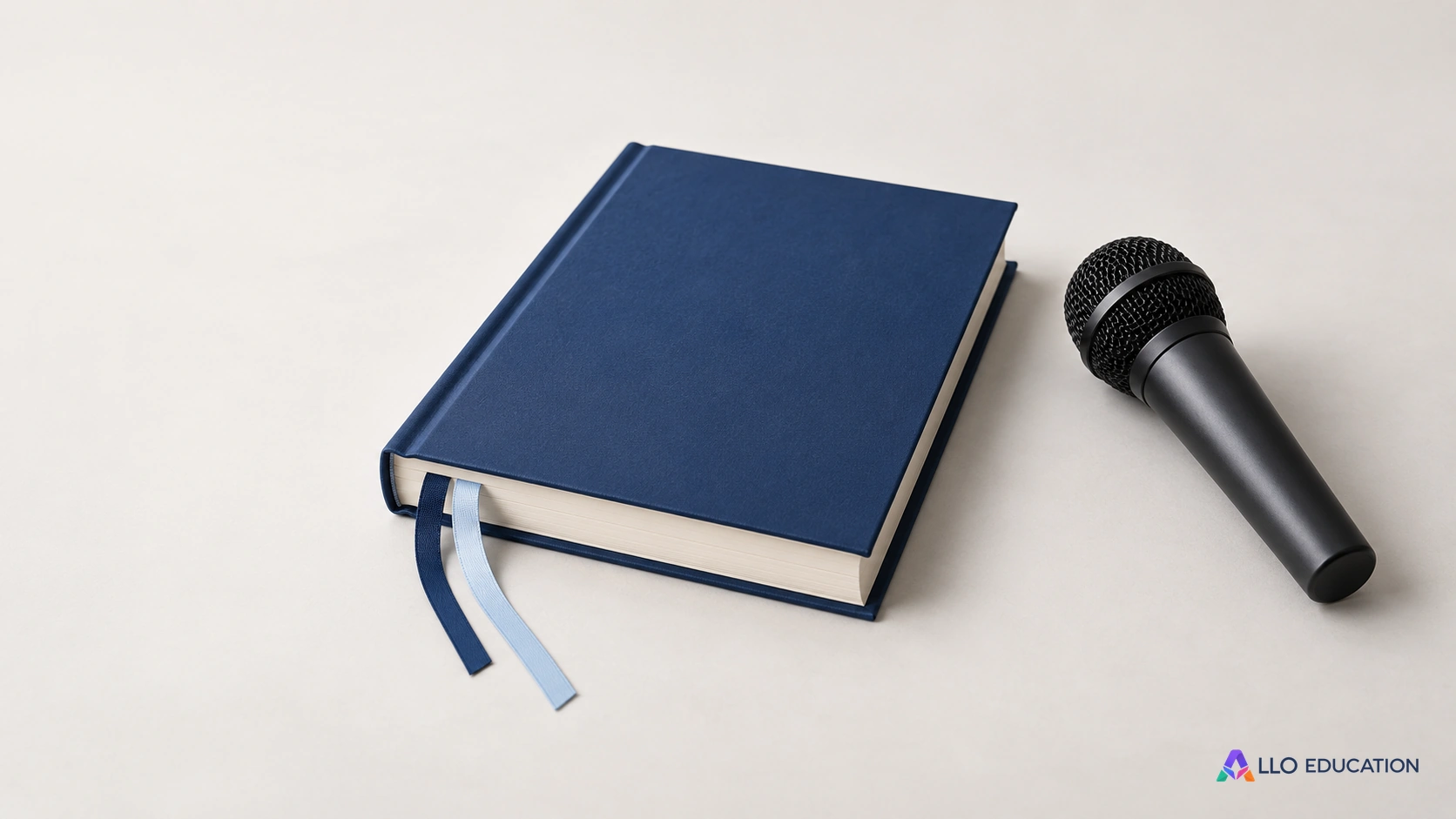 Un livre uni avec des marque-pages et un microphone éteint évoquent une lecture personnelle à présenter.