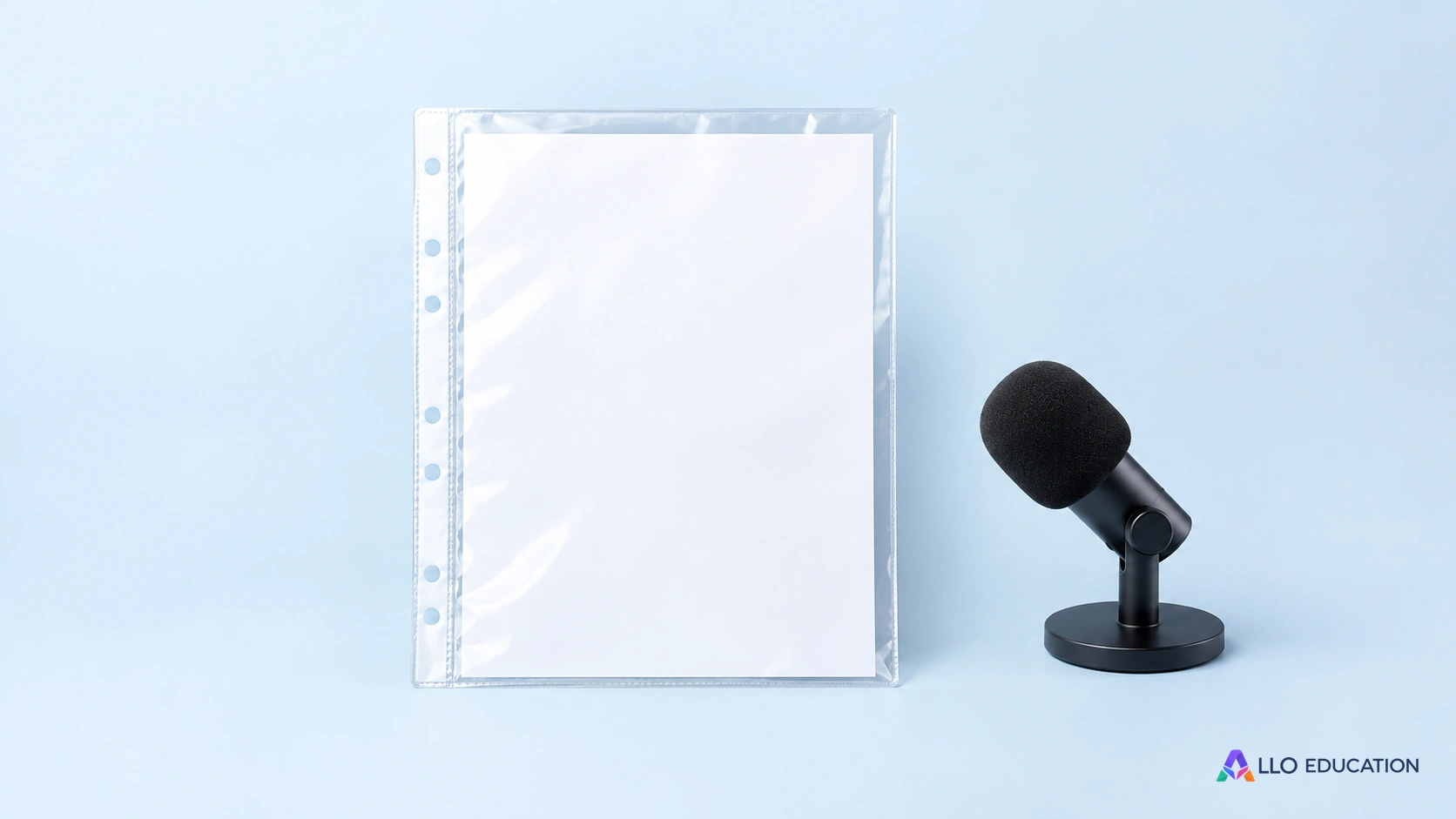 Une pochette vierge et un microphone éteint évoquent une expérience à présenter avec des appuis.