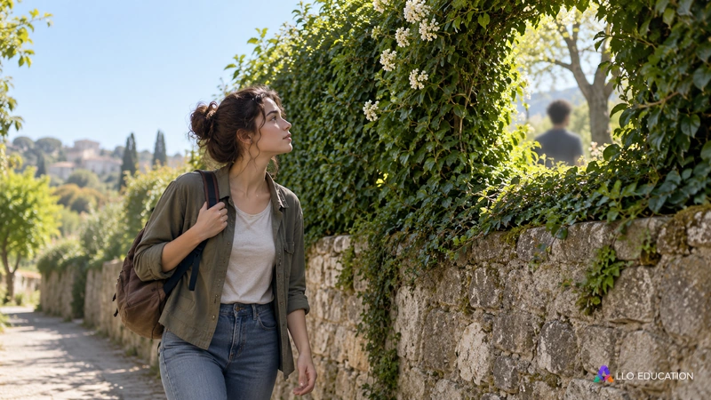 Une personne relève la tête près d’une haie de jardin, évoquant une attention déplacée vers autrui.