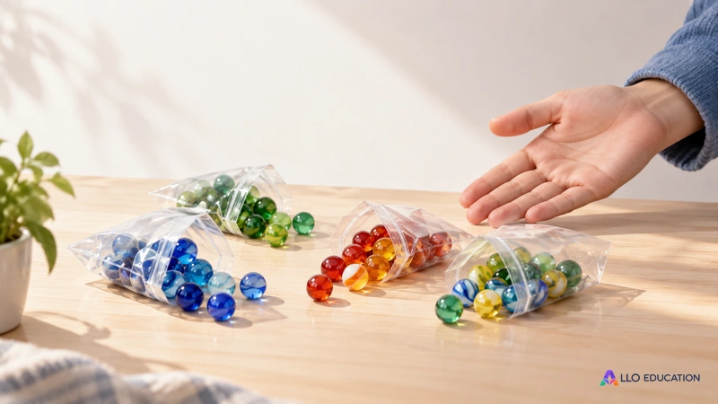 Des petits sachets de billes sur une table évoquent une explication à partir d’objets concrets.