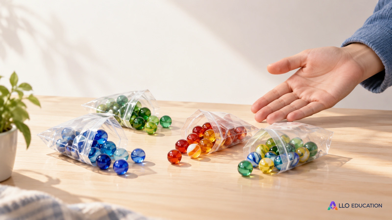 Des petits sachets de billes sur une table évoquent une explication à partir d’objets concrets.