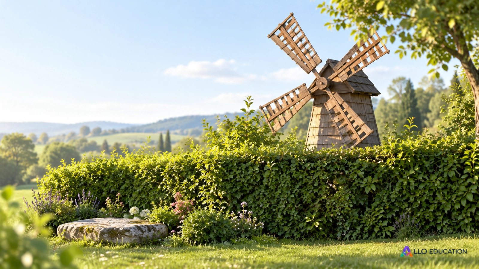 Un petit moulin de bois derrière une haie et une pierre plate évoquent les détails à conserver d’un récit.