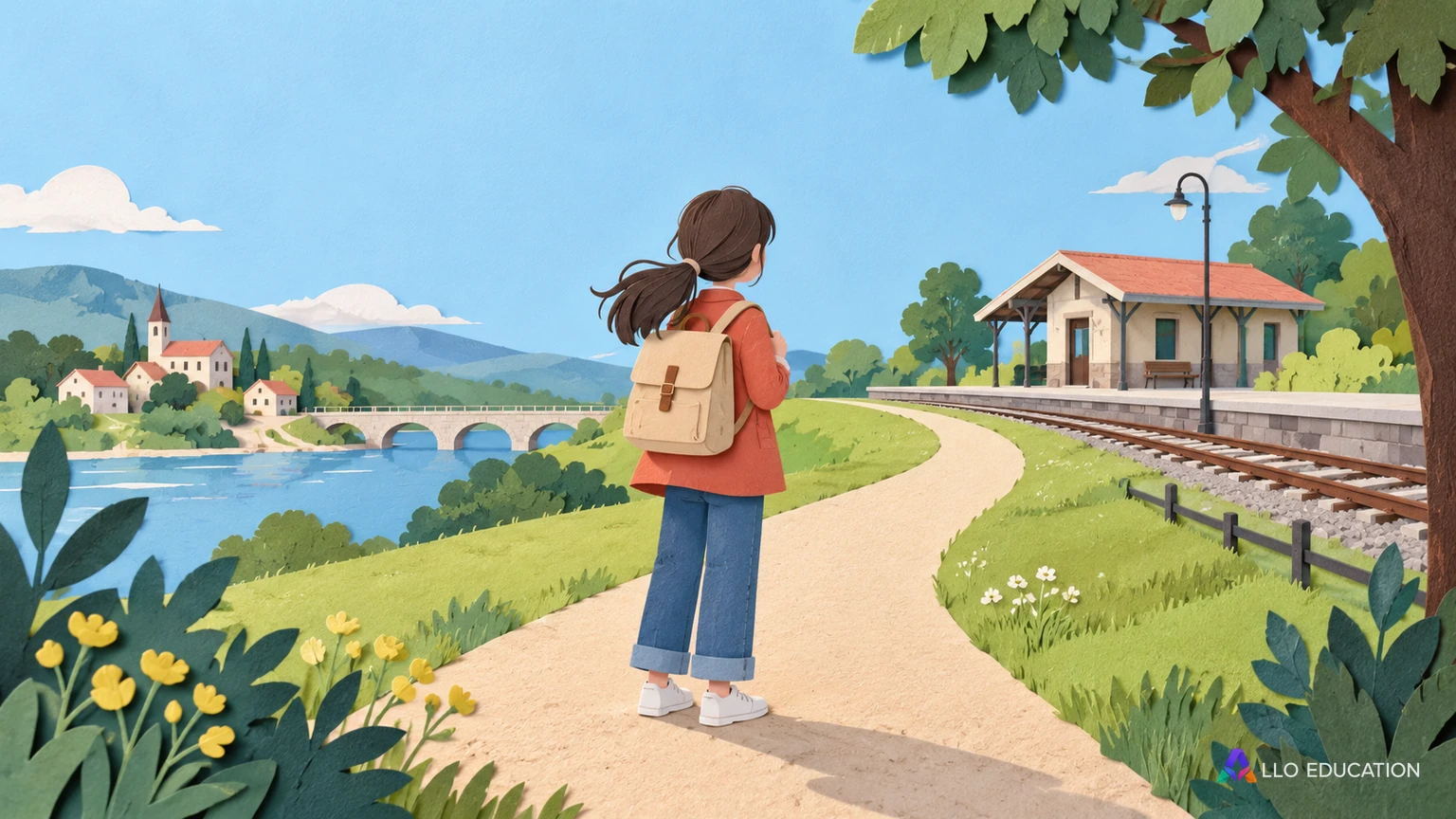 Héroïne fictive avec un sac sur un chemin menant à une petite gare sans enseigne.