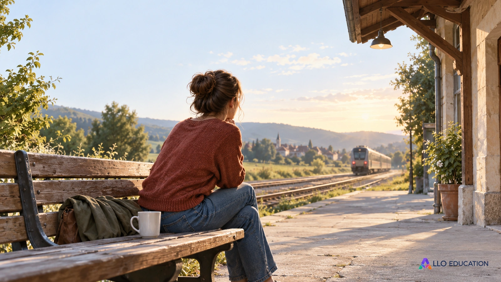 Une place libre et une tasse sur un banc de gare évoquent une absence dont le sens reste à interpréter.