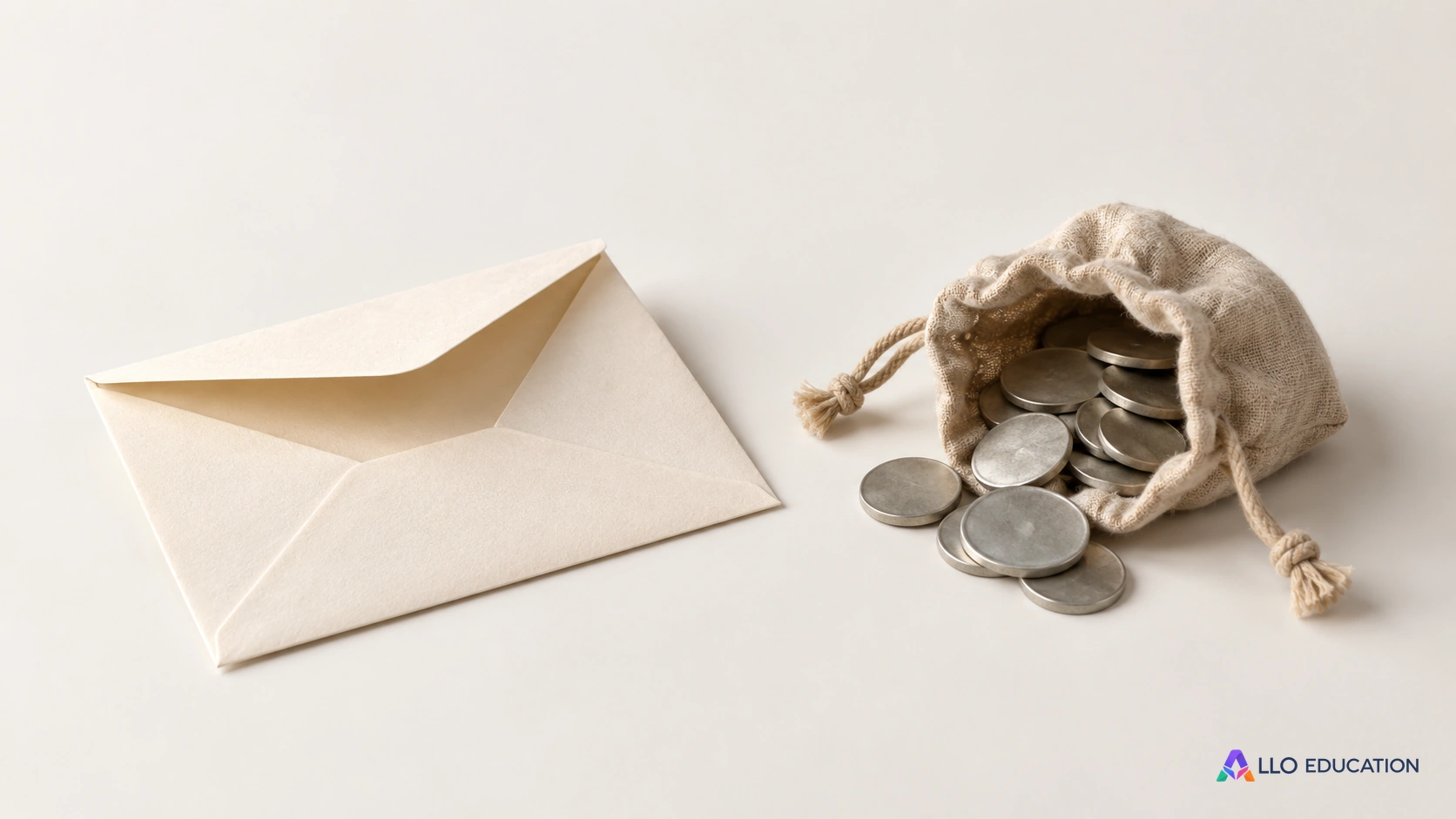 Une enveloppe vierge et une bourse de jetons évoquent les choix matériels d’un personnage de récit.