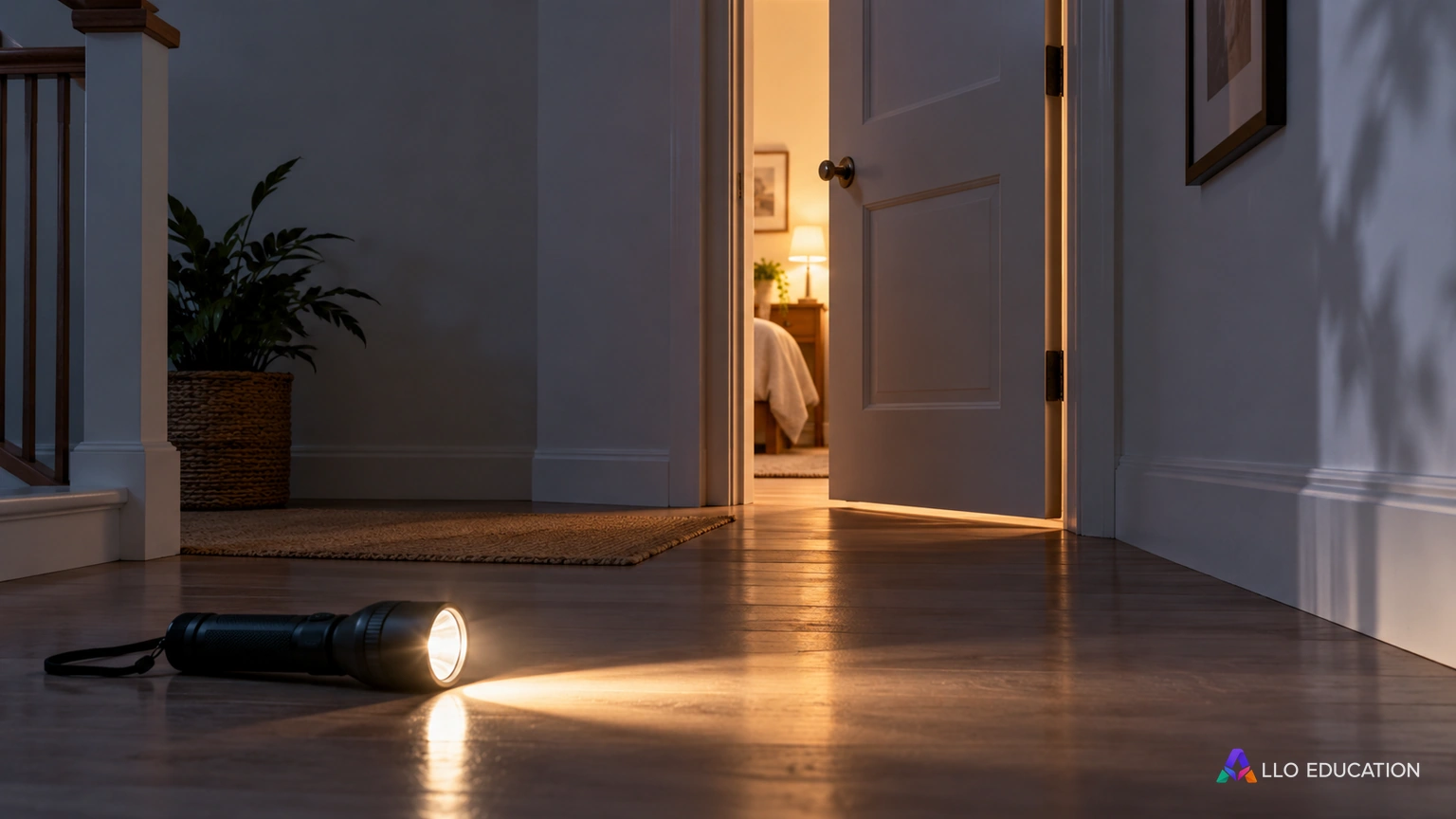 Une porte entrouverte et une lampe dans un couloir calme.