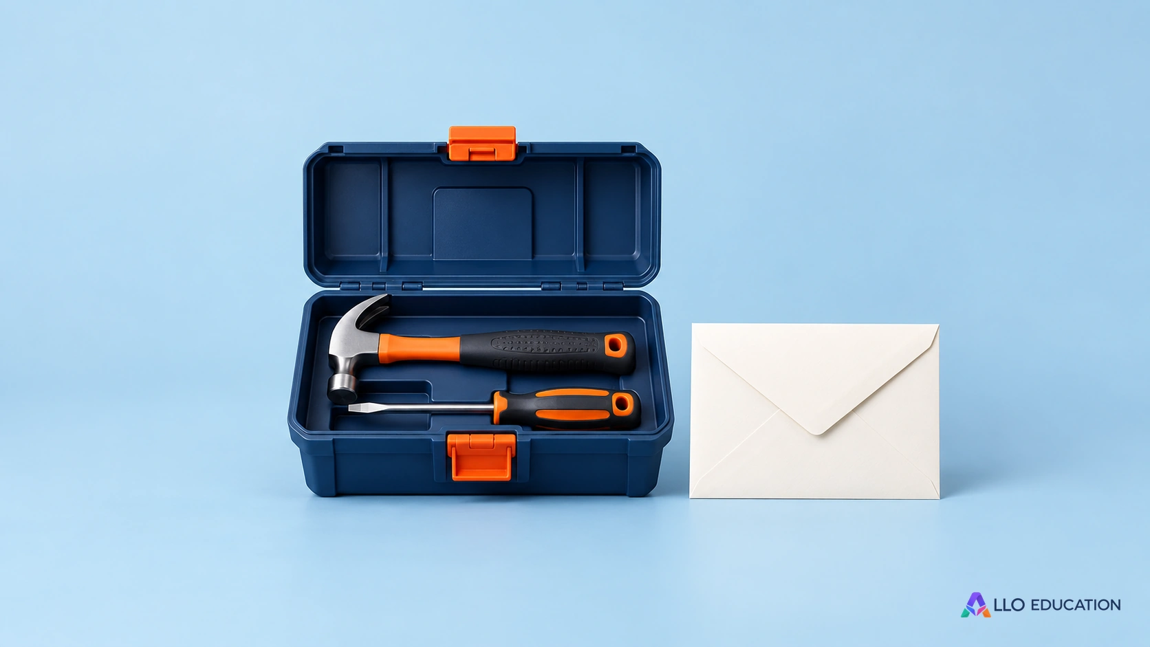 Une petite boîte d’outils rangés et une enveloppe vierge évoquent la découverte d’un métier et sa présentation.