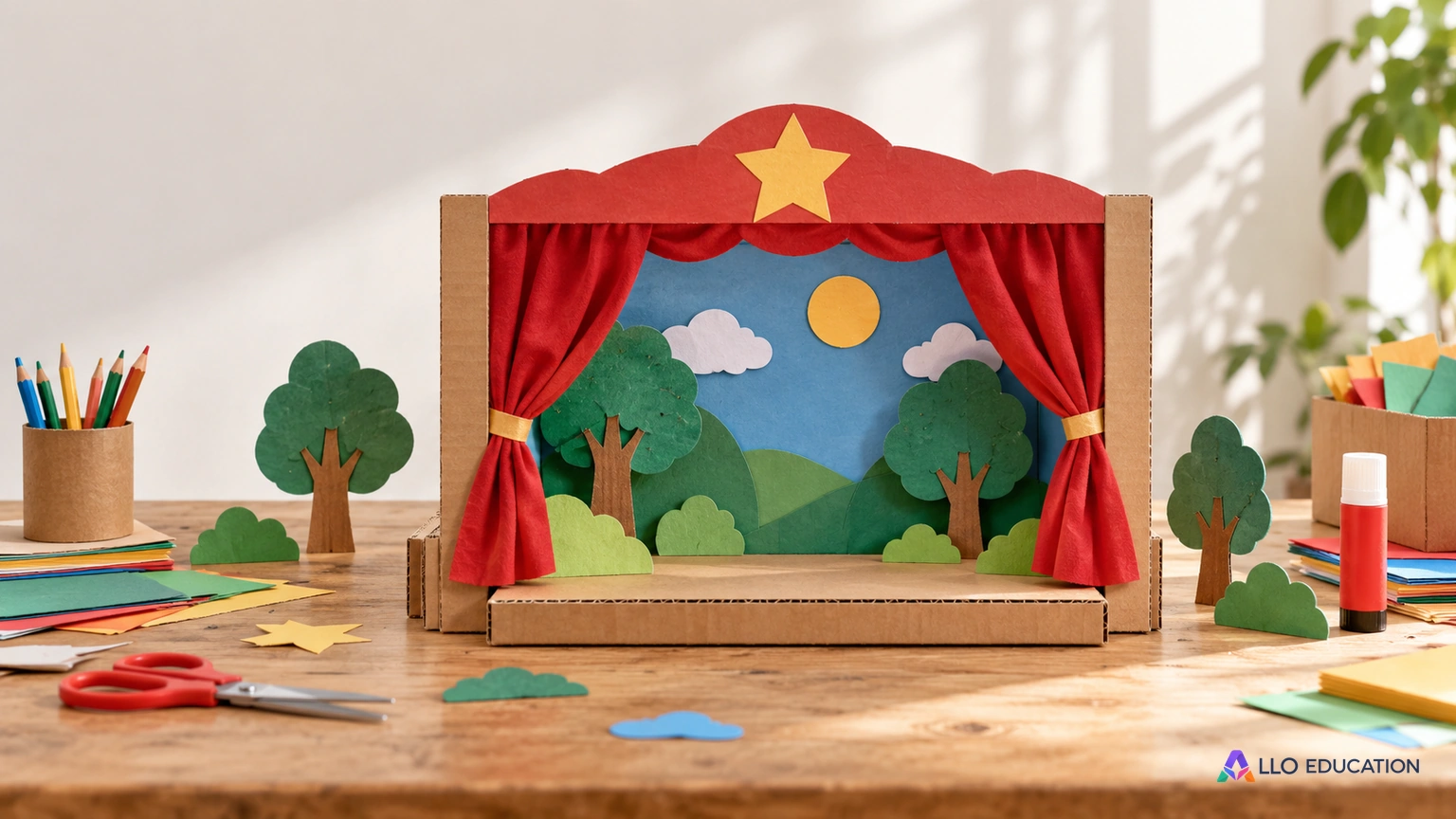 Un décor de théâtre miniature fabriqué en carton et tissu.