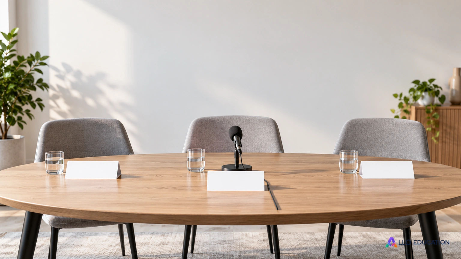 Un microphone sur une table entourée de chaises vides.