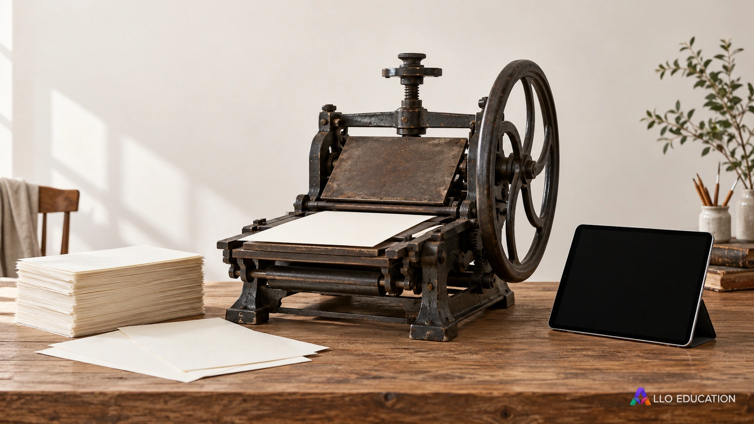 Une presse ancienne, des feuilles vierges et une tablette éteinte.