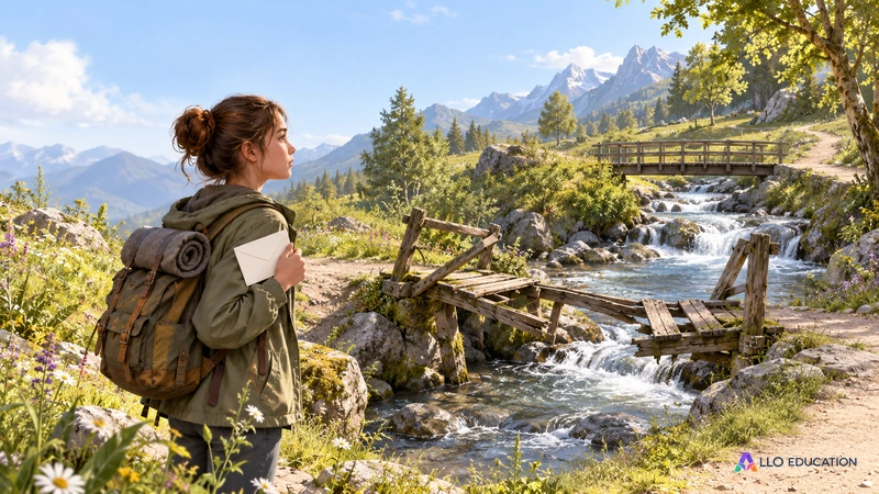 Une voyageuse devant un pont brisé aperçoit un passage plus loin, évoquant un obstacle et un choix de récit.