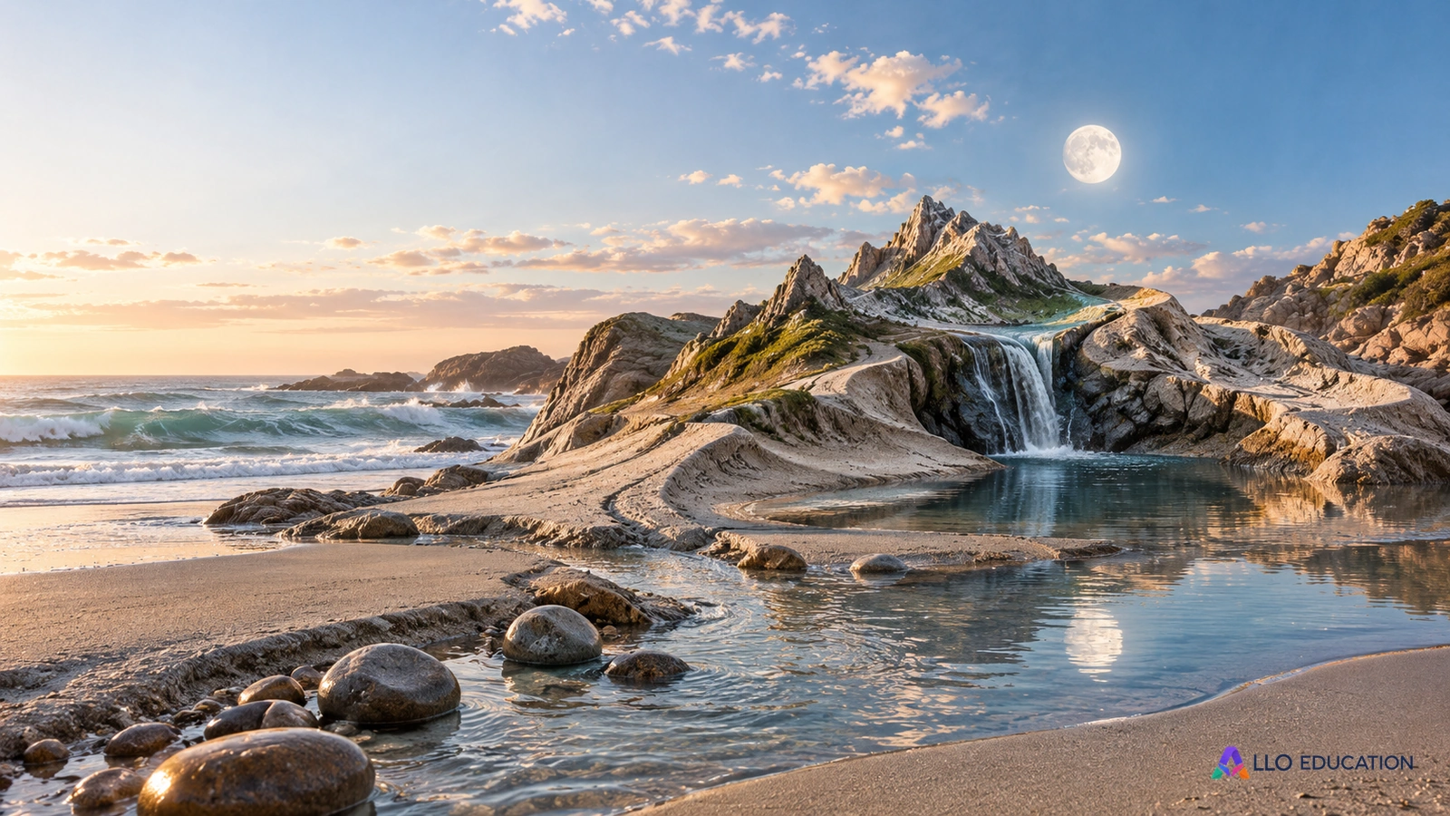 Un paysage de terre, de mer et de pierres sous un ciel vaste évoque un monde qui prend forme dans l’imagination.