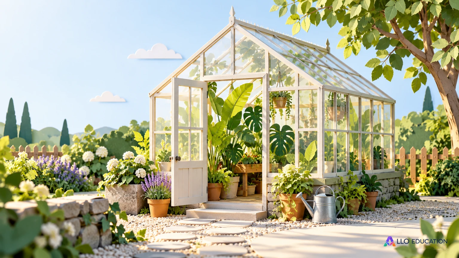Une serre lumineuse avec de grandes plantes derrière les vitres.