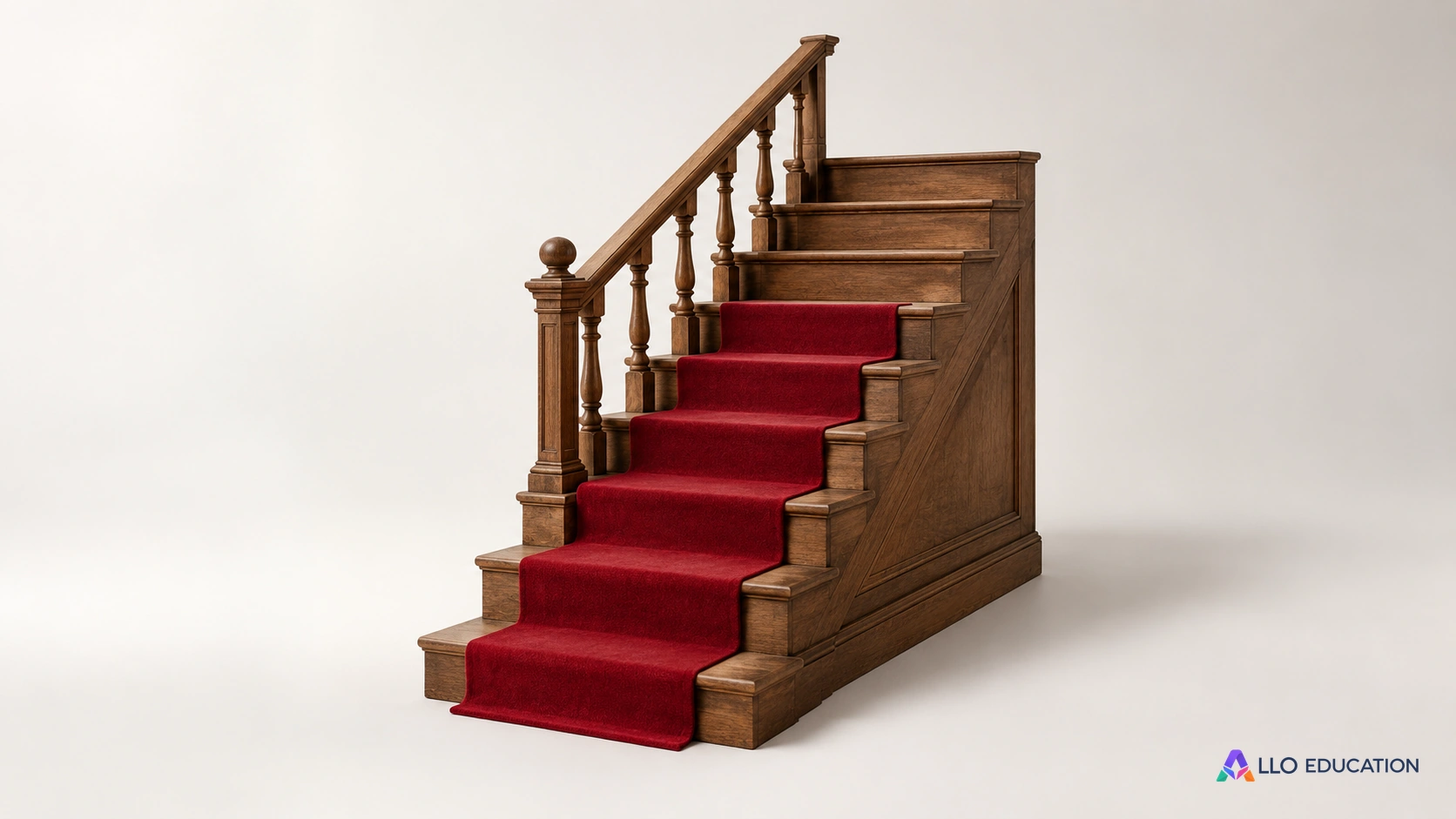 Un escalier miniature avec un tapis rouge interrompu évoque la lecture sociale du décor.