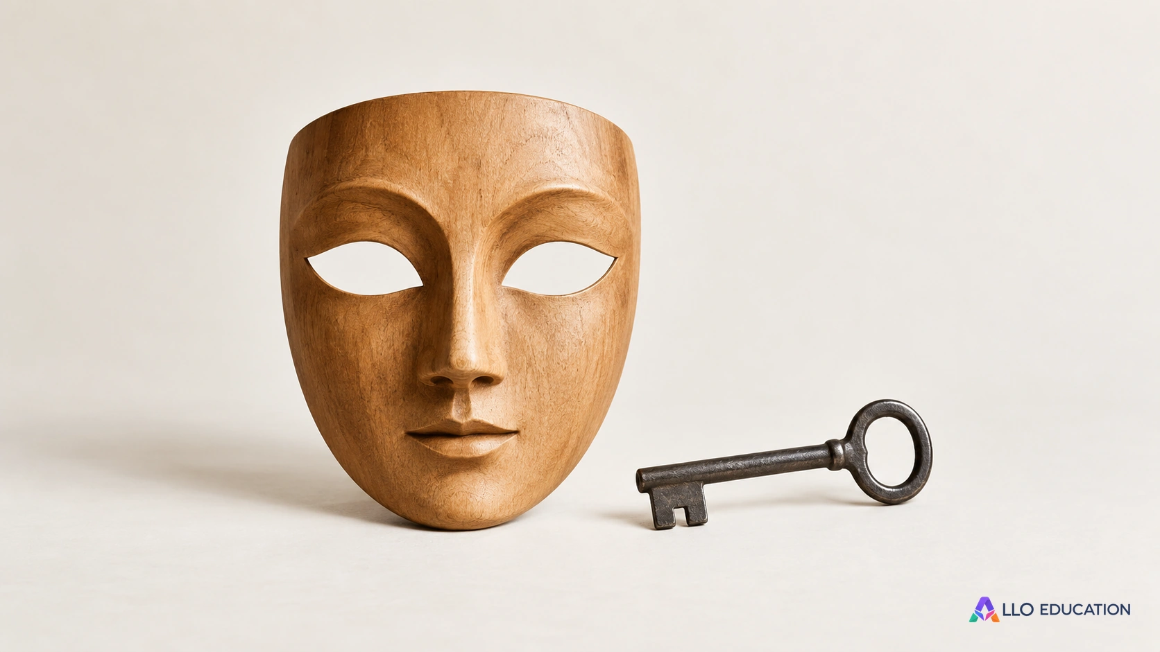 Un masque de théâtre en bois et une clé simple évoquent une ruse mise en scène.