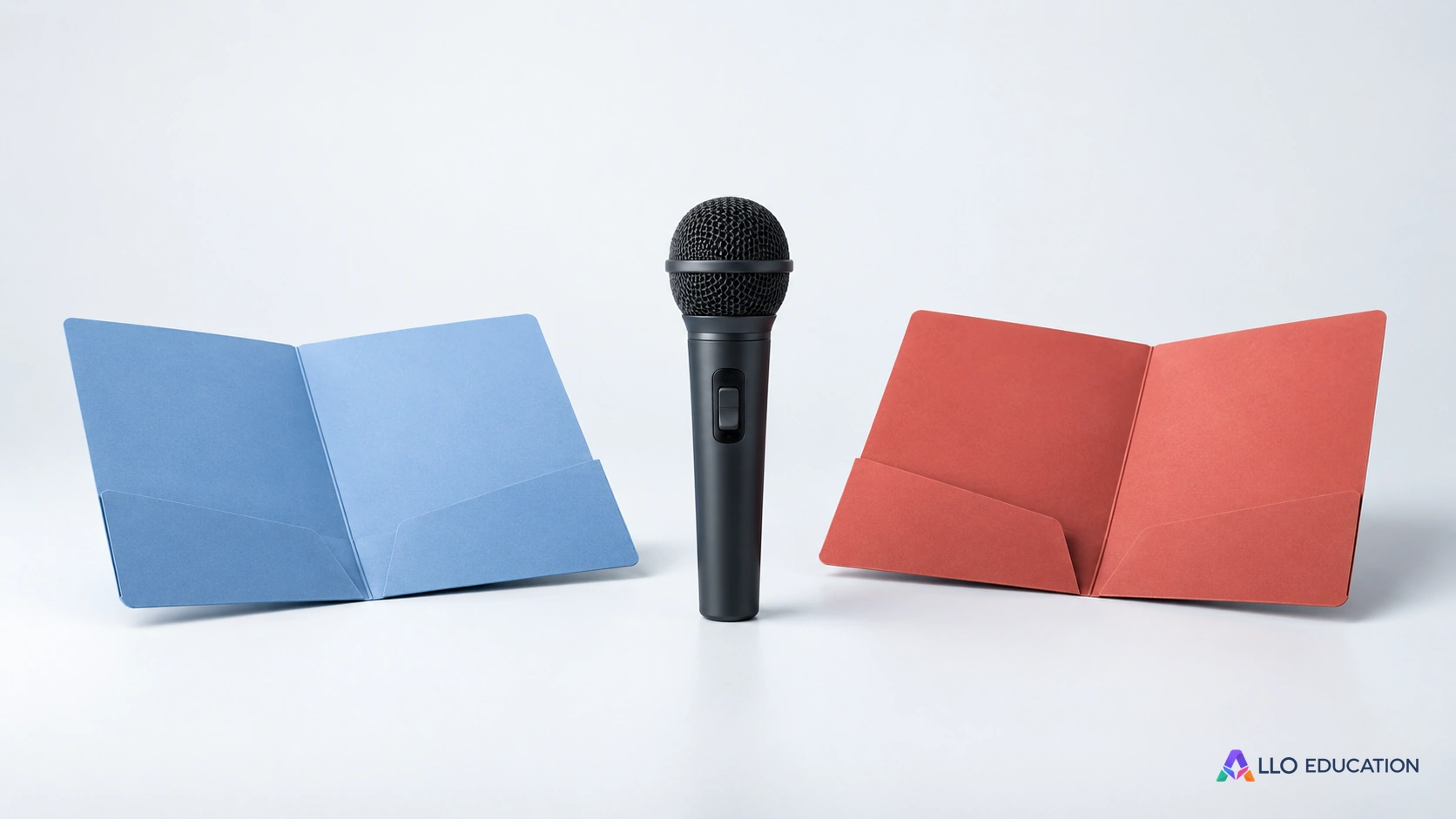 Un microphone éteint accompagne deux chemises vierges, évoquant un débat préparé par la recherche.