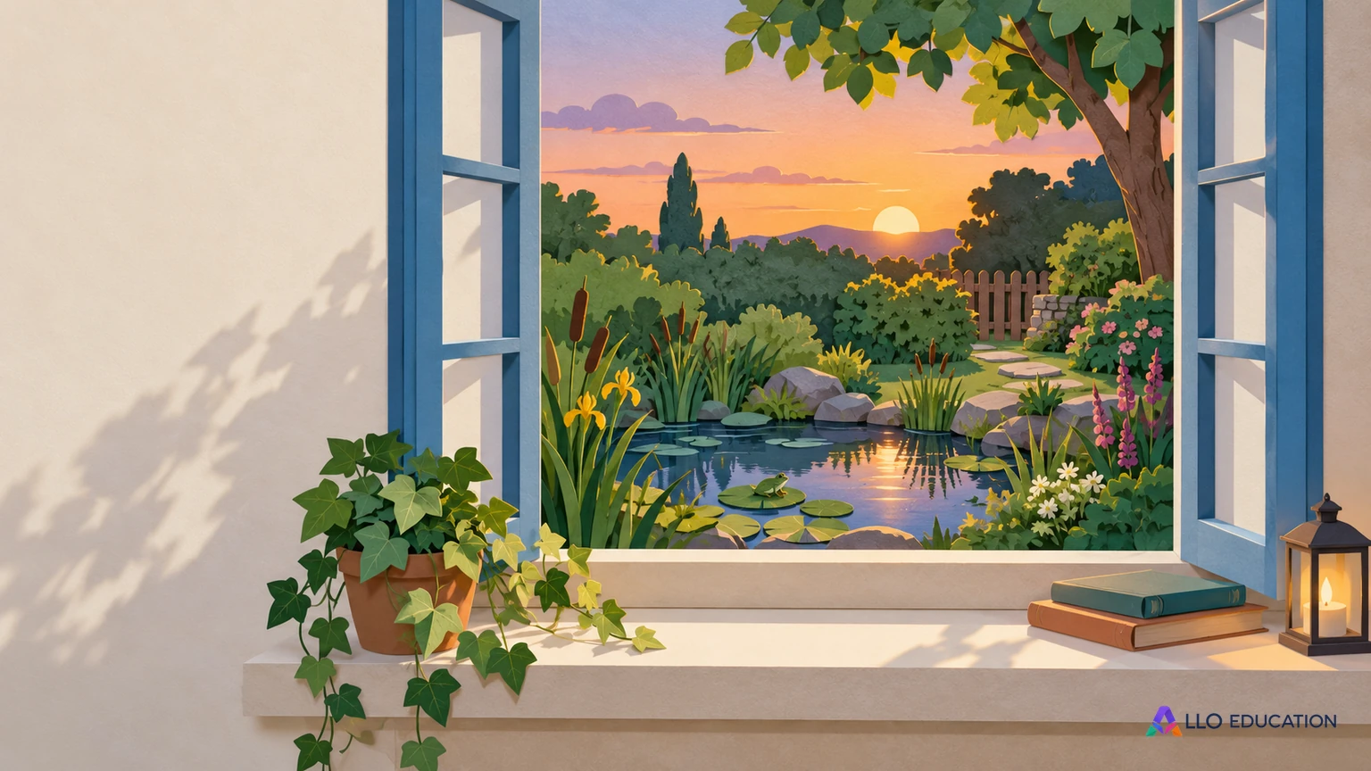 Une fenêtre ouverte sur un jardin et une petite mare au crépuscule.