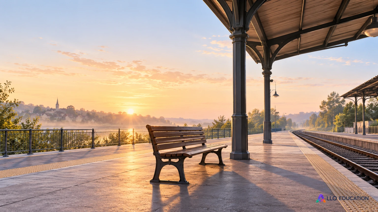 Un quai de gare calme avec un banc dans la lumière du matin.